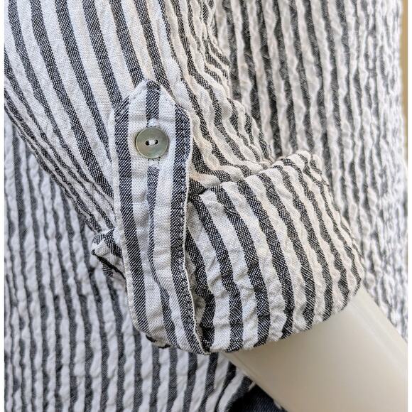 Jane & Delancey Button Down Top Large Gray White Stripe Roll Tab Sleeve Crinkle - Picture 7 of 11